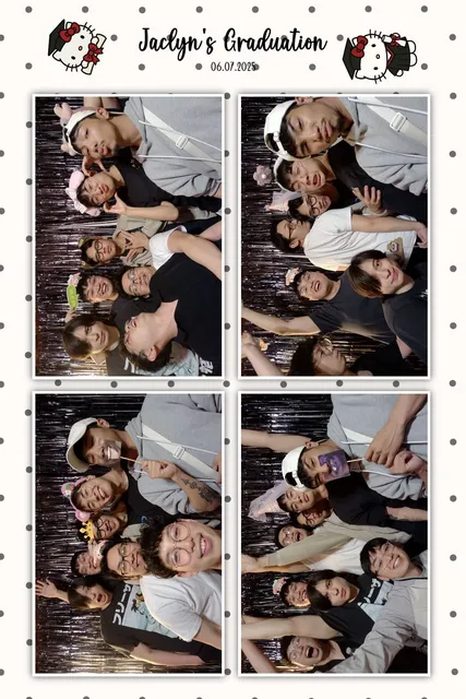 Graduation print with four group photos on a polka-dot border and graduation cap cartoon characters