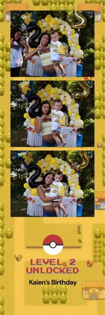 Photo strip on a yellow pixel-art game map with a Level 2 Unlocked title