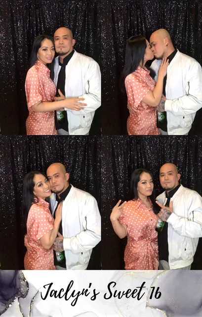 Sweet 16 print with four photos of a couple on a black sequin backdrop above a grey marble panel