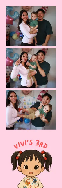 Pink photo strip ending in a hand-drawn portrait of the birthday girl
